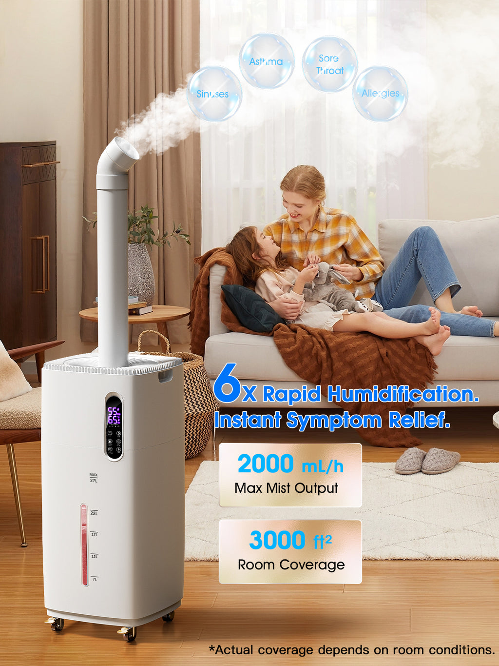 MONISEN 26L/5.7Gal Humidifier Large Room 3000 ft², Supersized Cool Mist, 38H Quiet Humidifiers for Bedroom, 2000mL/h Mist Output, Touch/Remote Control, Humidifiers for Home, Whole House, Plant, White