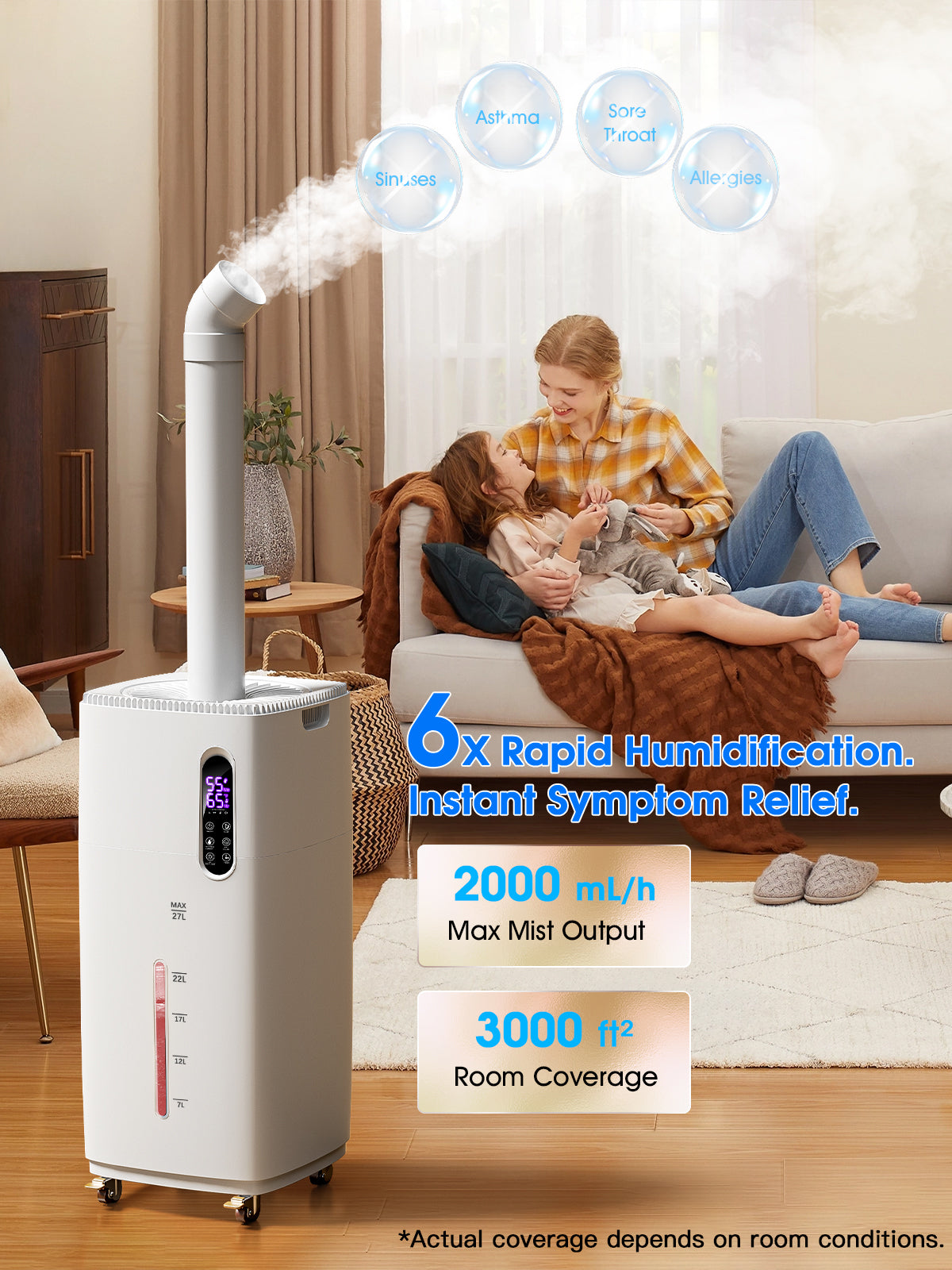 MONISEN 26L/5.7Gal Humidifier Large Room 3000 ft², Supersized Cool Mist, 38H Quiet Humidifiers for Bedroom, 2000mL/h Mist Output, Touch/Remote Control, Humidifiers for Home, Whole House, Plant, White